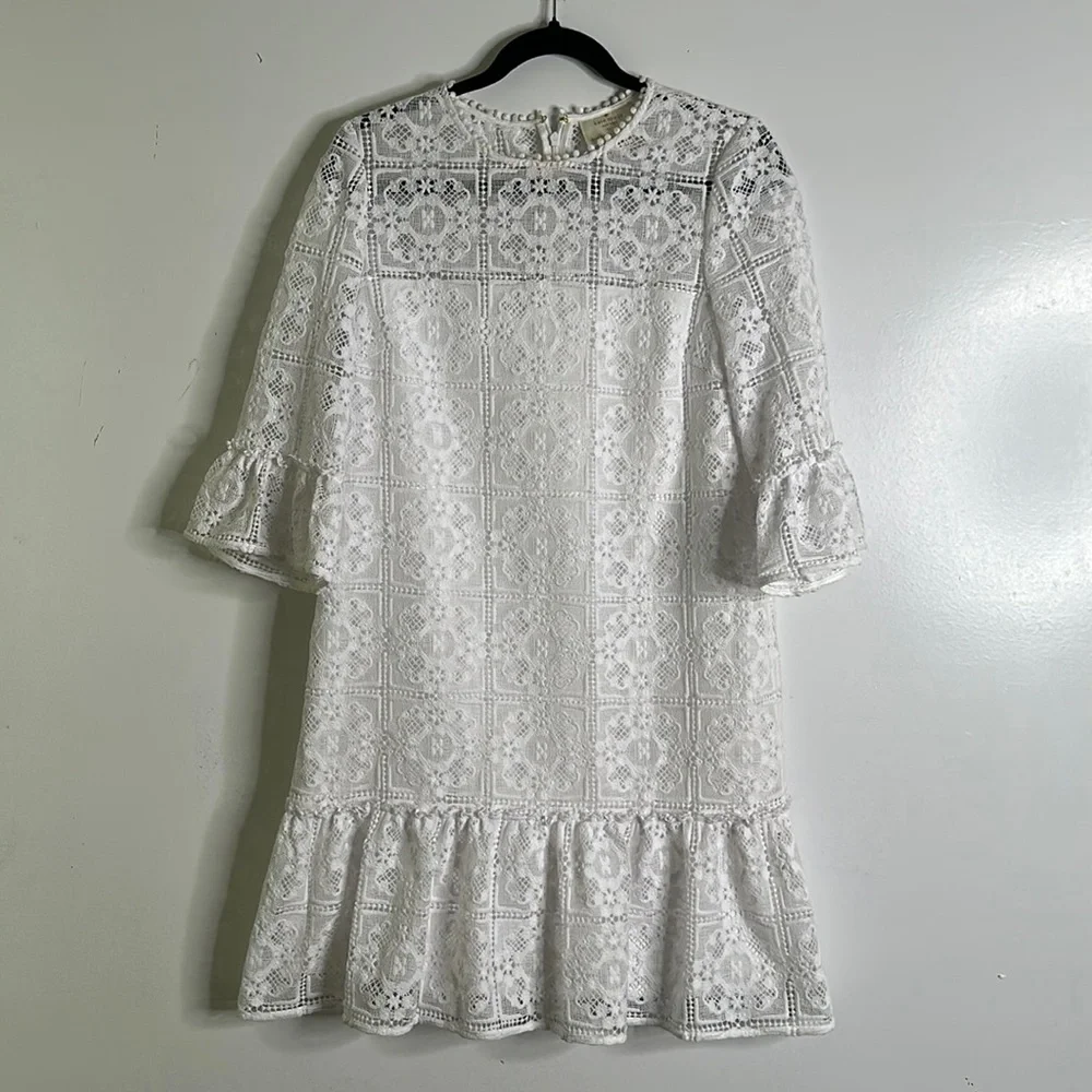 Kate spade Gul pure white lace mini dress raffle hem bell sleeve size 6
